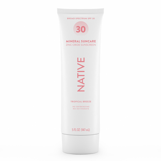 Front of Native Mineral Suncare Daily Body Sunscreen SPF 30, labeled as zinc oxide sunscreen, Tropical Breeze, 5 fl oz
