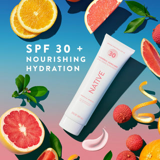 NativeTropical Breeze Sunscree next to "SPF 30+, Nourishing Hydration" text, styled with orange and grapefruit slices 