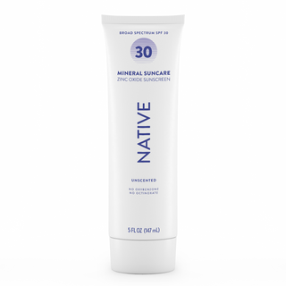 Front of Native Mineral Suncare Daily Body Sunscreen SPF 30, labeled as zinc oxide sunscreen, unscented, 5 fl oz