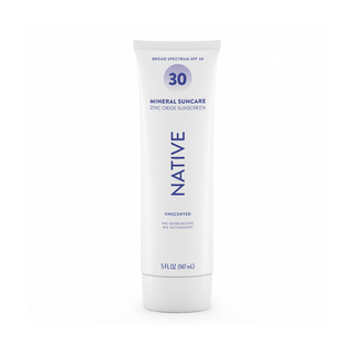 Front of Native Mineral Suncare Daily Body Sunscreen SPF 30, labeled as zinc oxide sunscreen, unscented, 5 fl oz