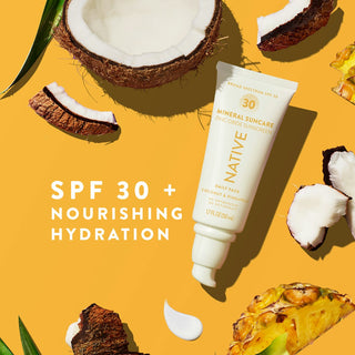Native Coconut & Pineapple Sunscree next to "SPF 30+, Nourishing Hydration" text, styled with coconut and pinneapple slices 