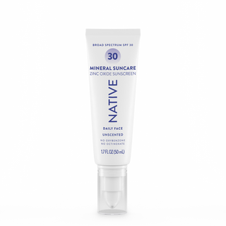 Front of Native Mineral Suncare Daily Face Sunscreen SPF 30, labeled as zinc oxide sunscreen, unscented, 1.7 fl oz