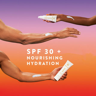 Hands holding tubes of Native Mineral Suncare Daily Body and Face Sunscreen SPF 30 with swatches on arms 