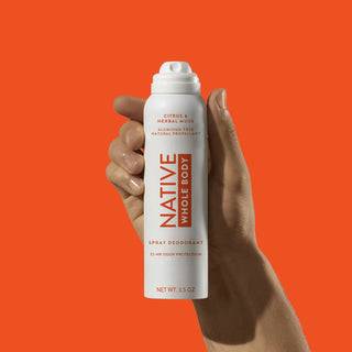 Hand holding Native Citrus & Herbal Musk Whole Body spray deodorant can on orange background
