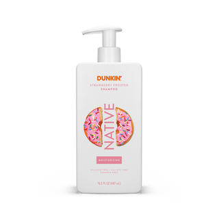 Native Dunkin - Strawberry Frosted Moisturizing Shampoo bottle with text reading “Silicone Free, Sulfate Free, Paraben Free”